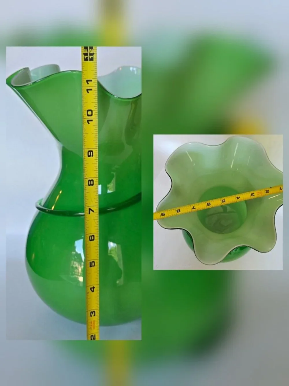 Large Hand-Blown Green Glass Vase With Yellow Flower Rose Accent & Ruffled Rim